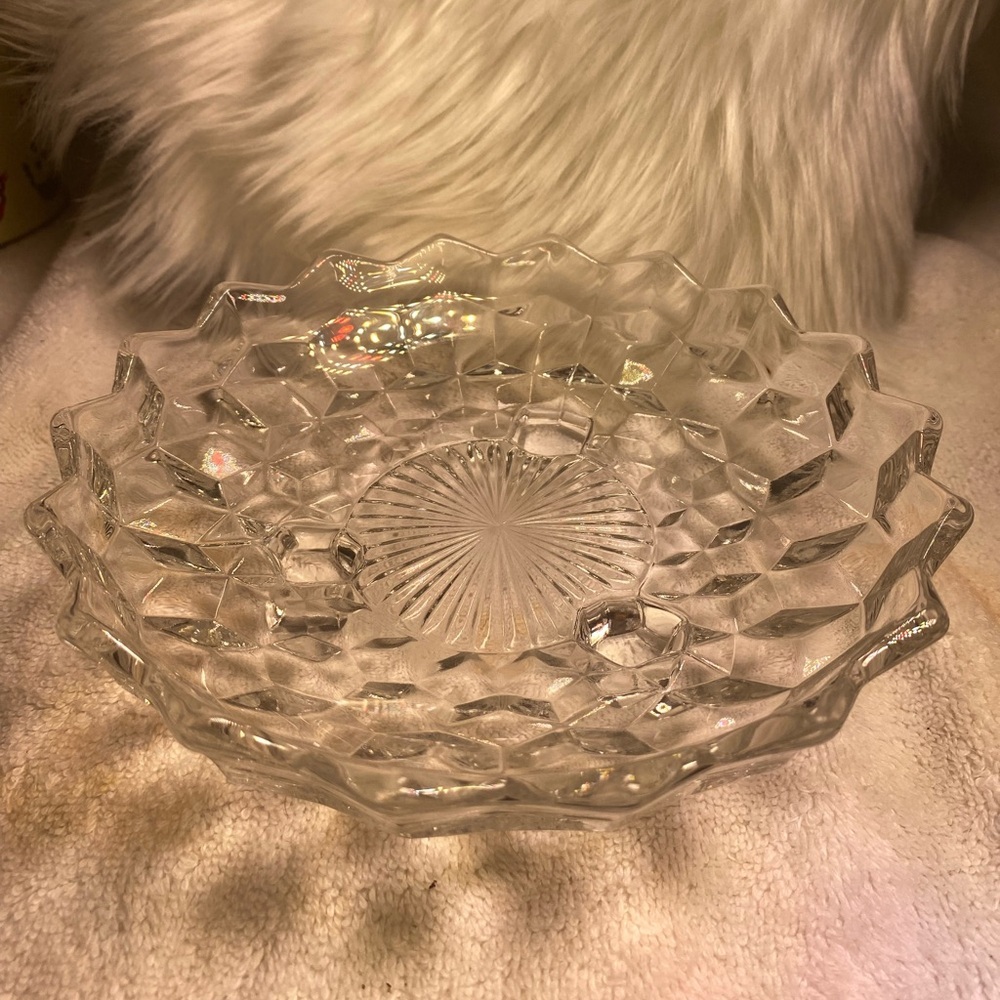 Crystal or glass footed candy dish Pristine Condition No markings